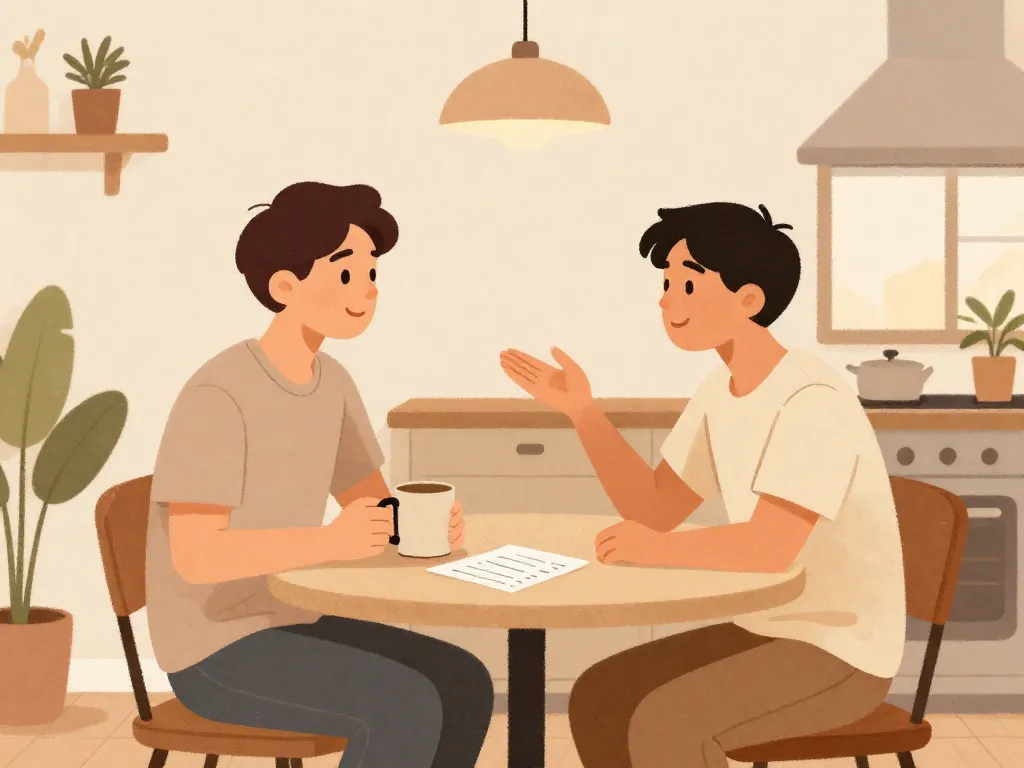 Illustration of two roommates having a calm, constructive conversation at their kitchen table with a written agreement between them
