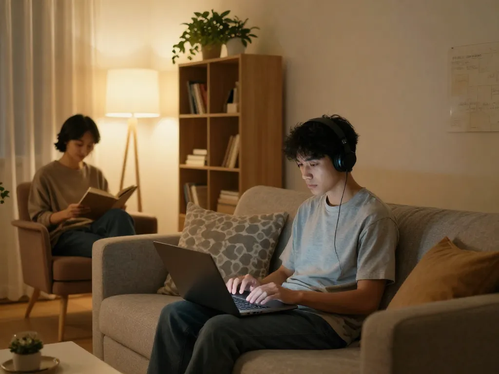 Two roommates peacefully coexisting in a shared living room, one wearing headphones and the other reading
