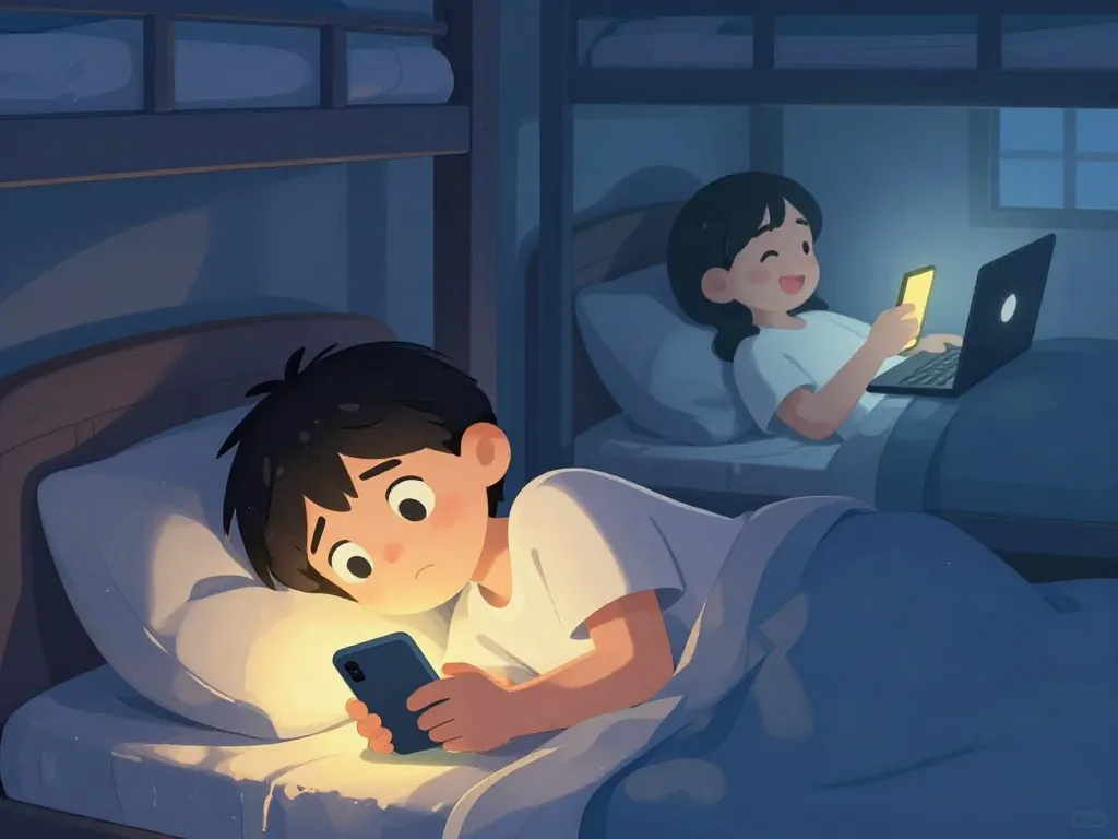 Illustration of a frustrated roommate lying awake in bed while their roommate video-calls late at night, depicting the common sleep schedule conflict