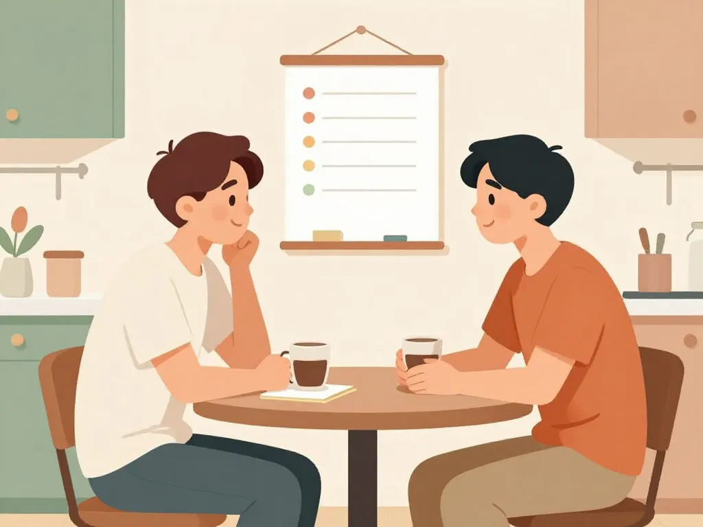 Illustration of two roommates having a calm conversation at a kitchen table with a written agreement visible, showing constructive conflict resolution