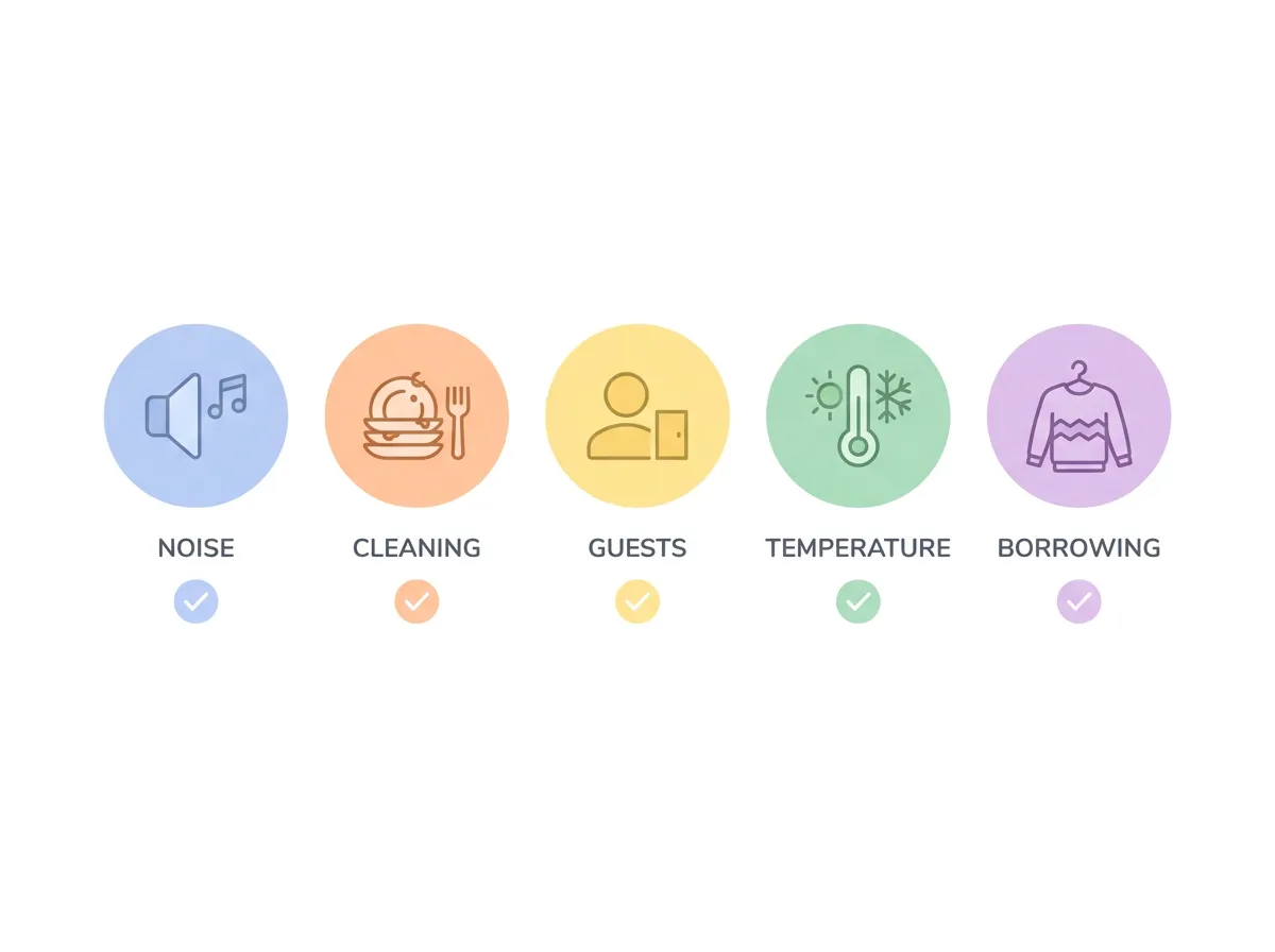 Infographic showing five common roommate conflicts — noise, cleaning, guests, temperature, and borrowed items — with icons indicating each is solvable
