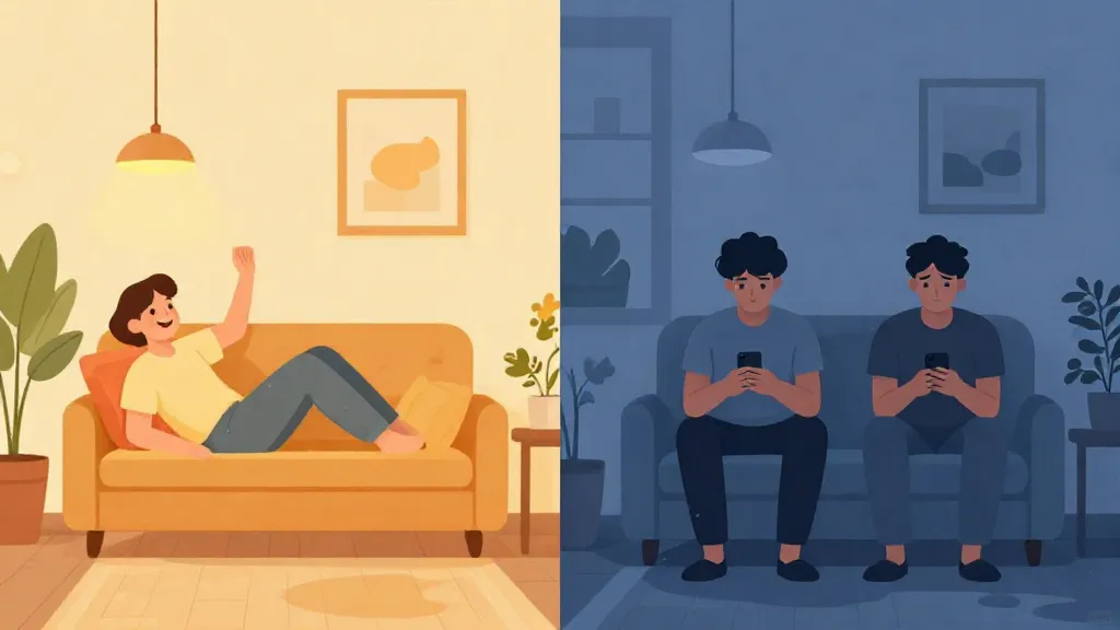 Split illustration showing a friend-roommate relationship going from warm and happy to cold and tense in the same apartment