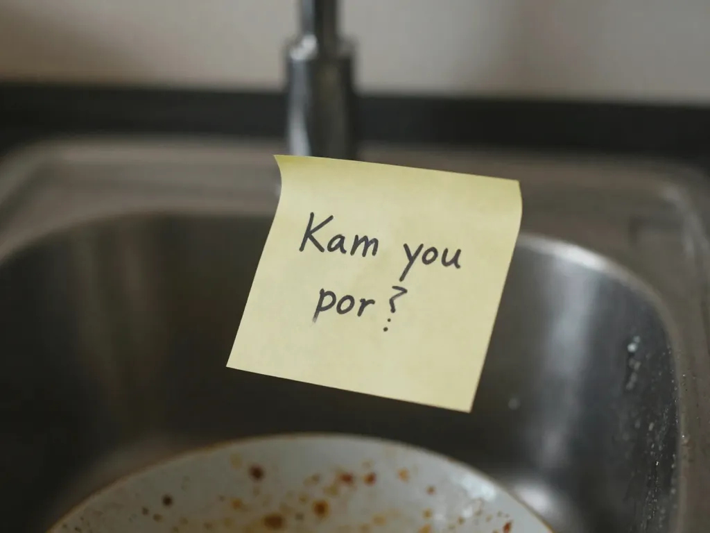 Dirty dishes in a kitchen sink with a passive-aggressive sticky note on the faucet, symbolizing unspoken roommate tension