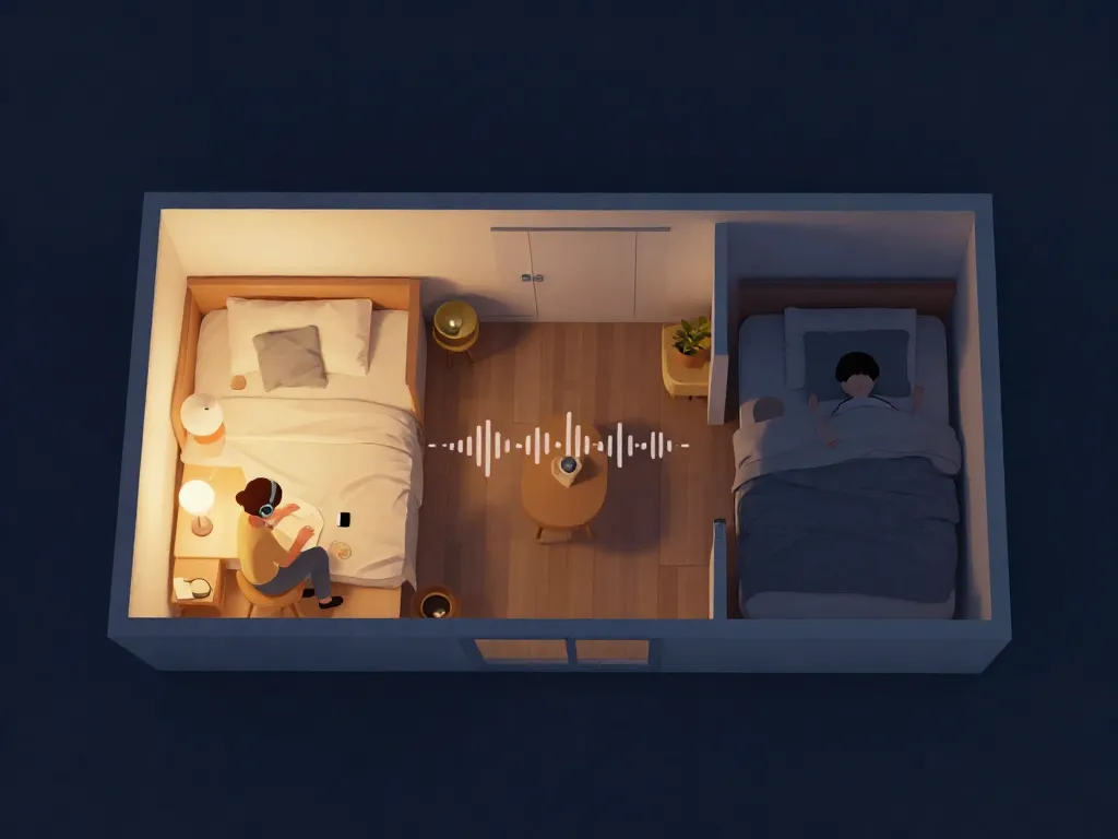 Illustrated apartment floor plan showing two roommates on different schedules, one working late and one sleeping, with sound waves between their rooms