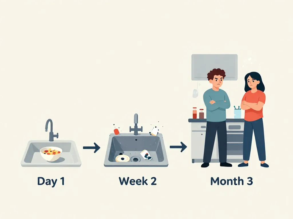 Illustration showing how a small roommate conflict over dishes escalates from a single bowl to a full kitchen standoff over three months