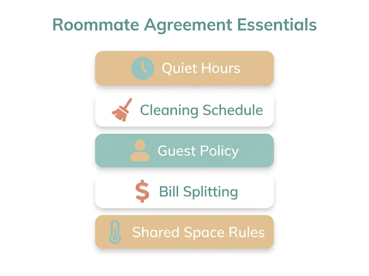 Infographic checklist showing five essential categories for a roommate agreement: quiet hours, cleaning schedule, guest policy, bill splitting, and shared space rules