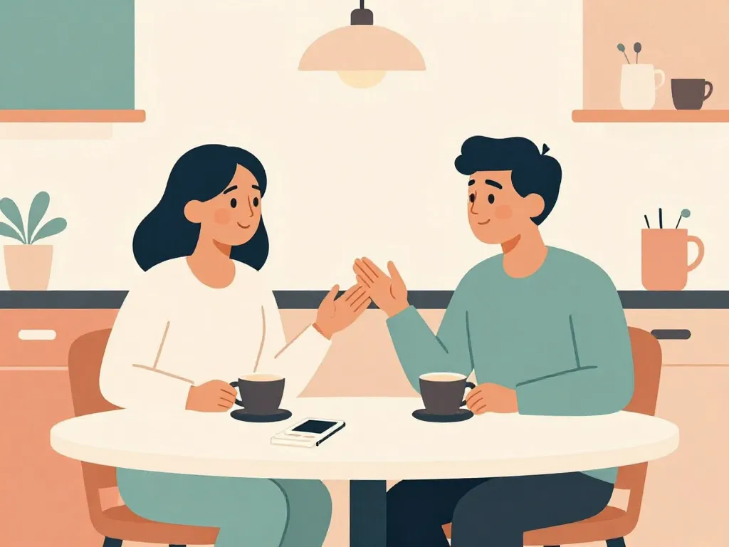 Illustration of two roommates having a calm, productive conversation at a kitchen table with a notepad between them