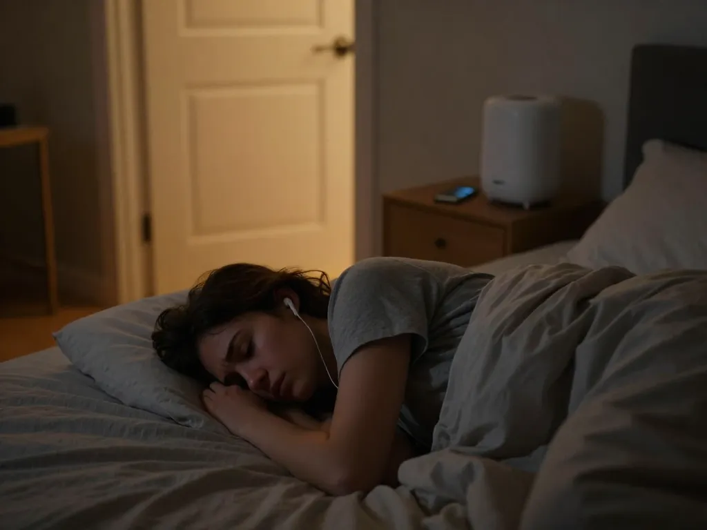 A person lying in bed at night wearing earplugs with light visible under their closed bedroom door, illustrating a common noise conflict with a roommate