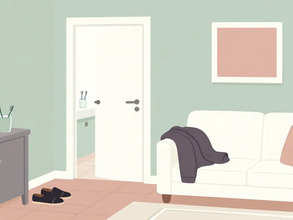 Illustration of a shared apartment living room with subtle signs that a roommate's guest has become a frequent presence