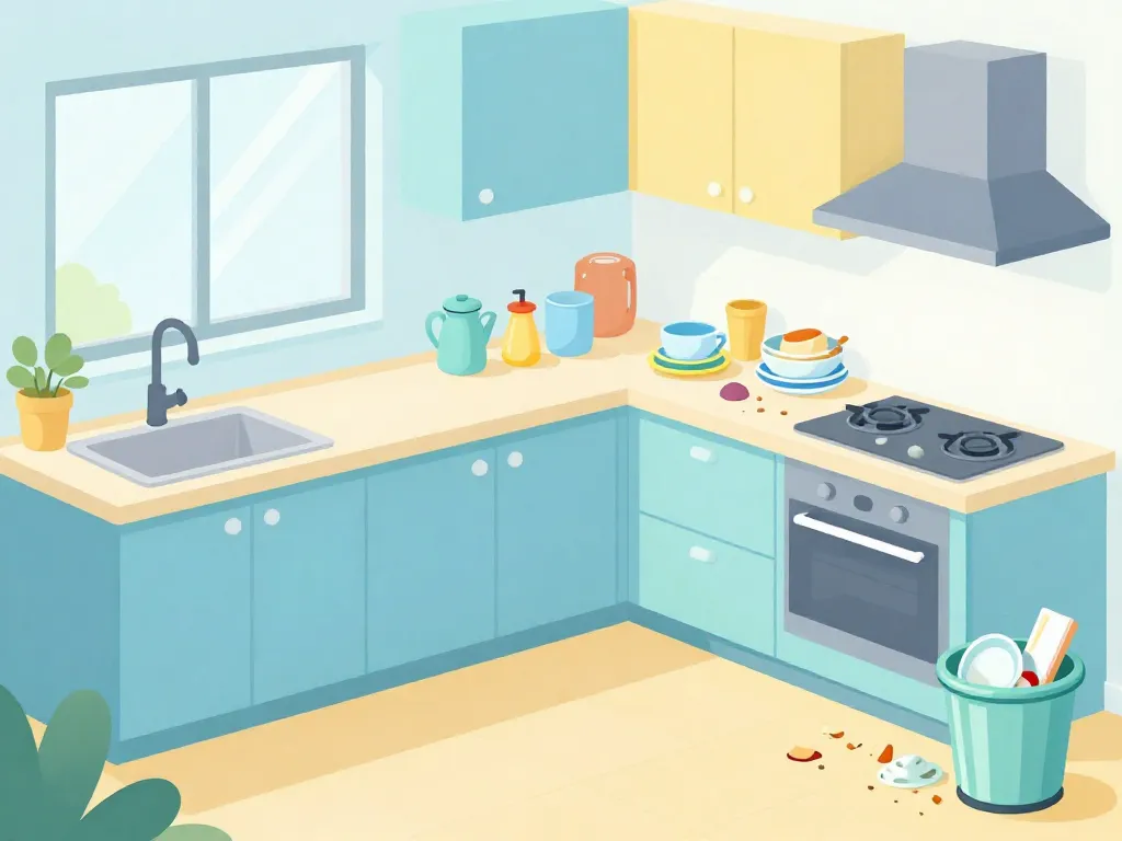 Illustration of a kitchen split in half showing two different cleanliness standards between roommates