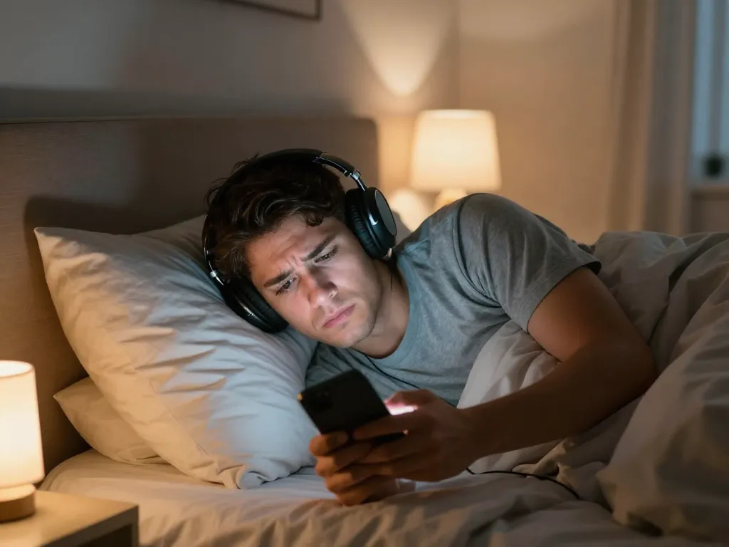 A roommate wearing headphones in bed at night trying to block out noise from the other room