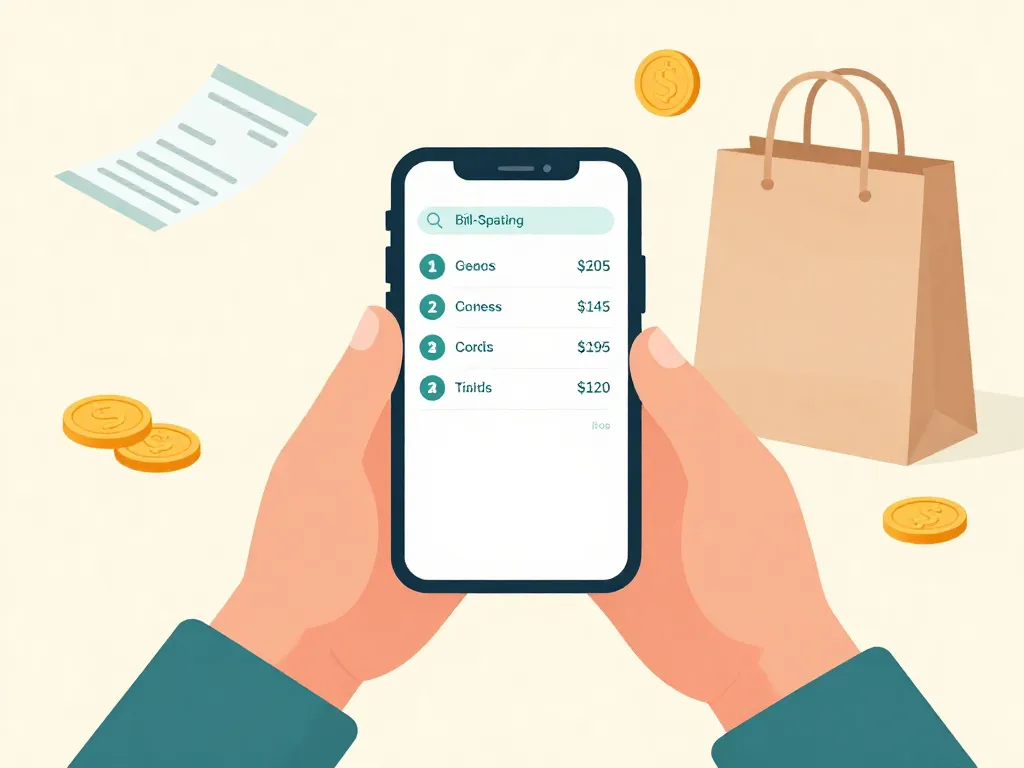 Illustration of a phone showing a bill-splitting app surrounded by receipts representing shared roommate expenses