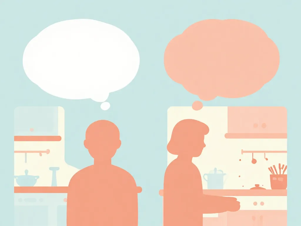 Illustration showing two roommates with different thought bubbles representing conflicting expectations about kitchen cleanliness