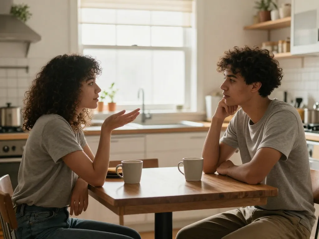 Two roommates having a calm and productive conversation at their kitchen table over coffee