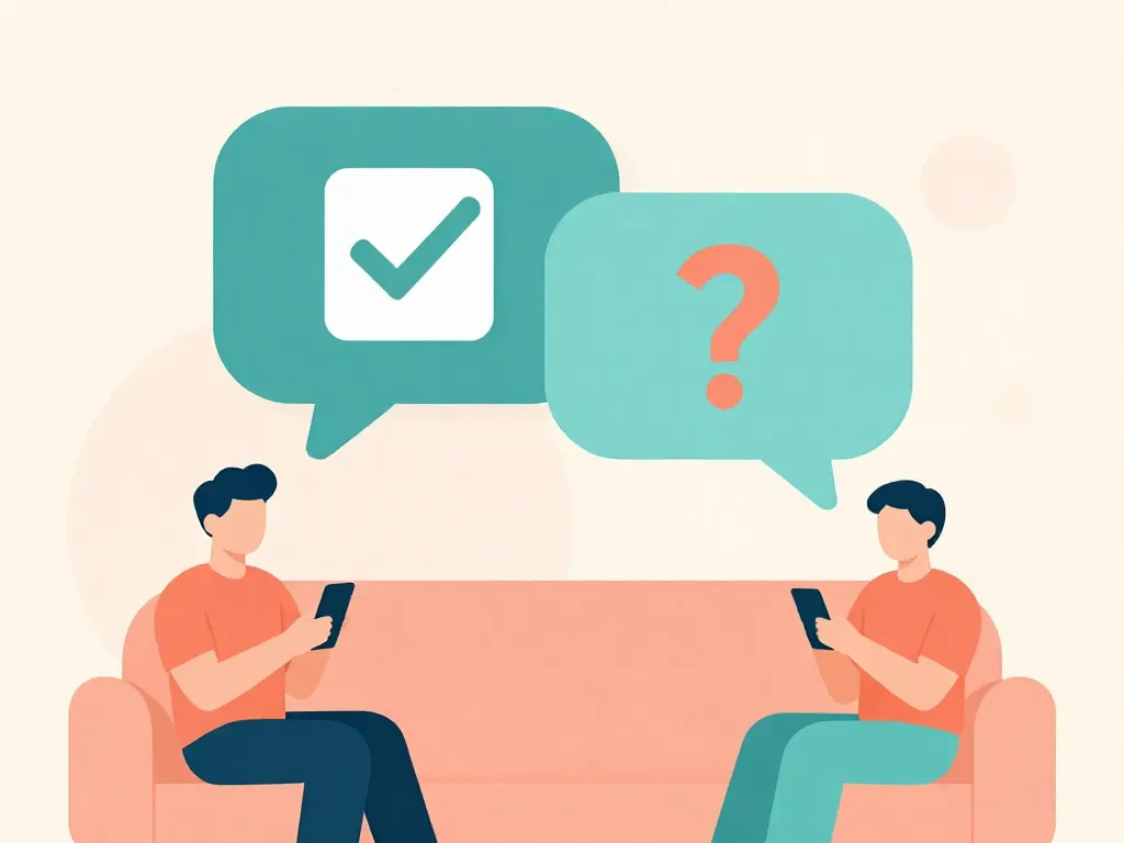 Illustration of two roommates sitting on a couch looking at their phones with mismatched speech bubbles overhead, representing miscommunication