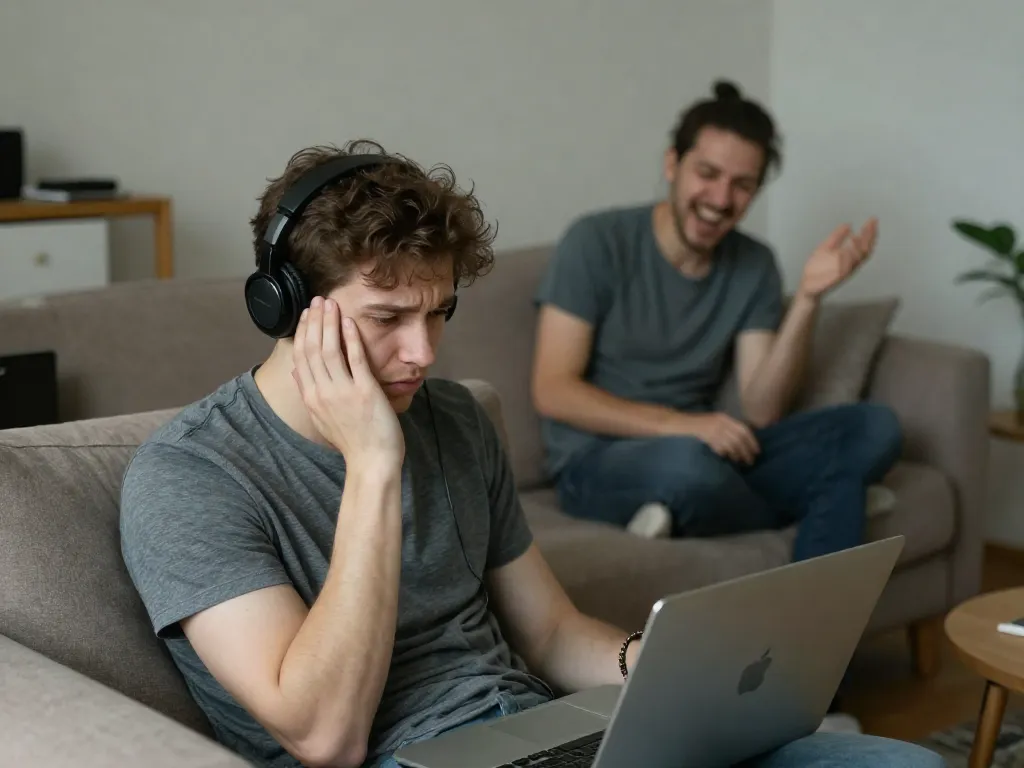 A roommate looking uncomfortable on the couch while their roommate's partner occupies shared living space in the background