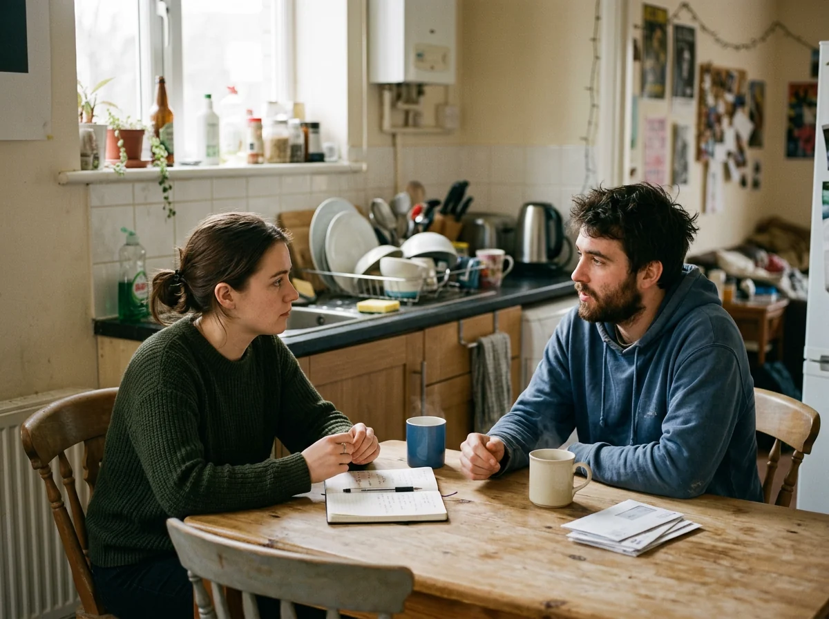 Two roommates talking calmly at the kitchen table of a shared flat