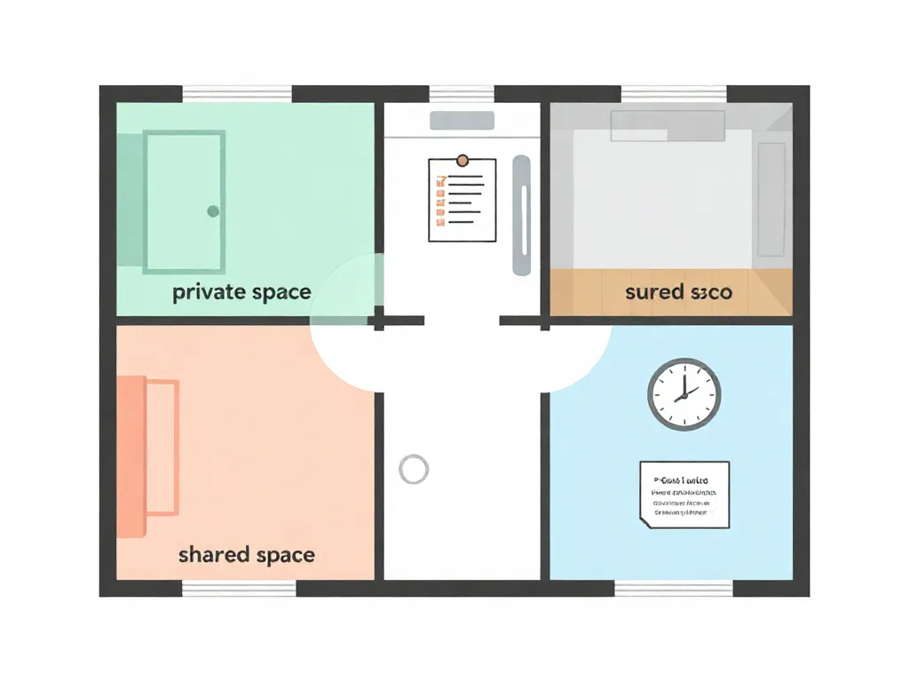 Illustrated apartment floor plan showing labeled zones for a roommate agreement including private spaces, shared spaces, and quiet hours