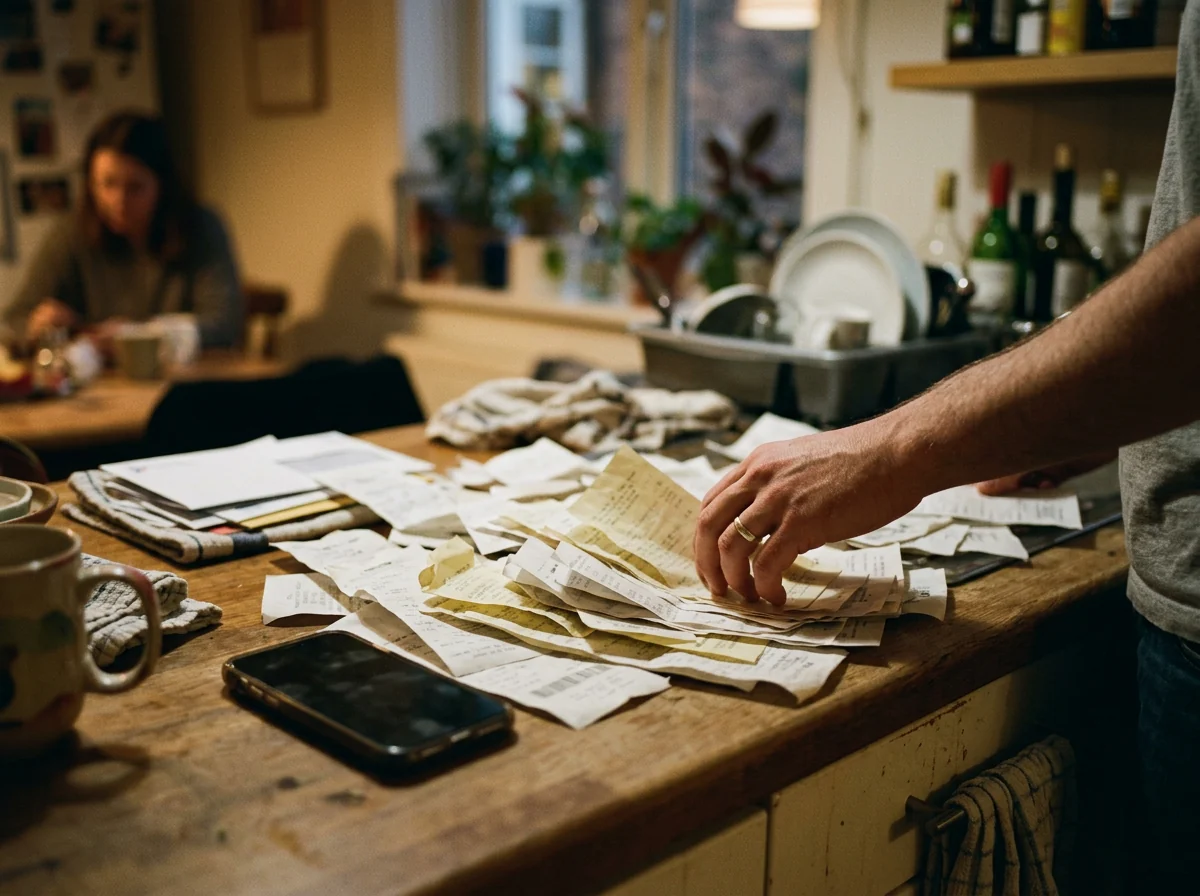 A pile of receipts on a kitchen counter as a hand sorts through shared household expenses