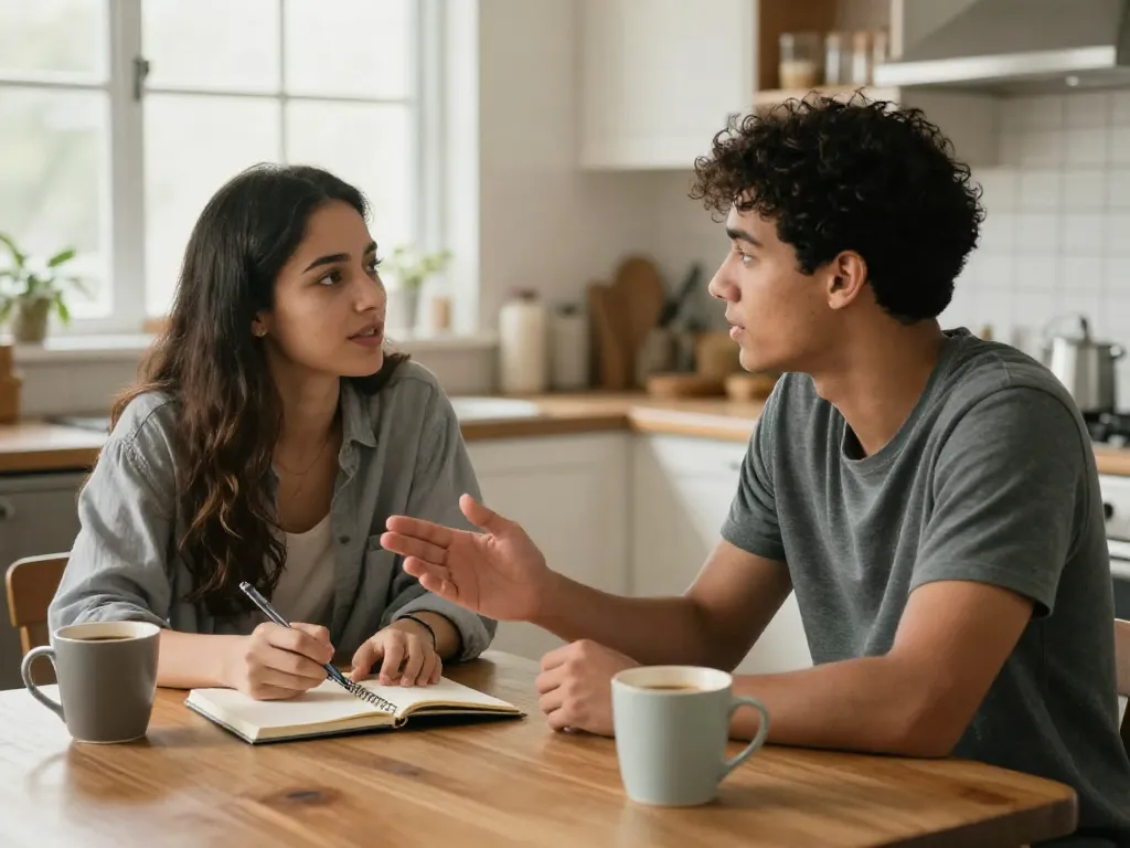 Two roommates having a calm conversation at a kitchen table while taking notes on a shared agreement