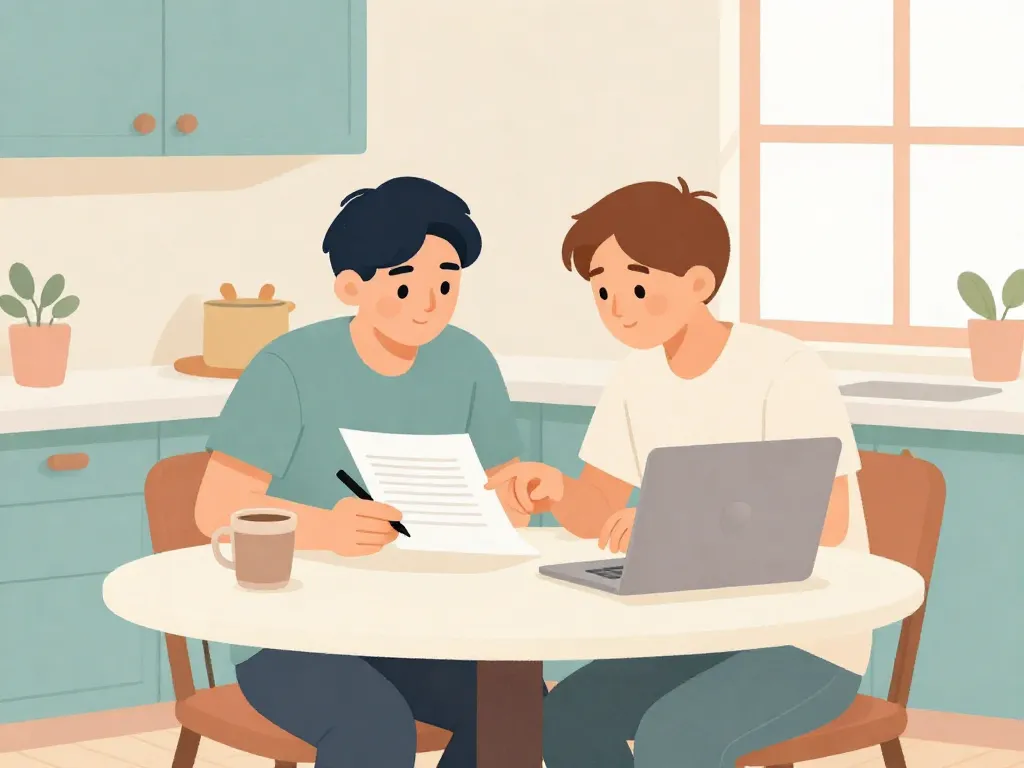 Two roommates sitting together at a table reviewing a written roommate agreement
