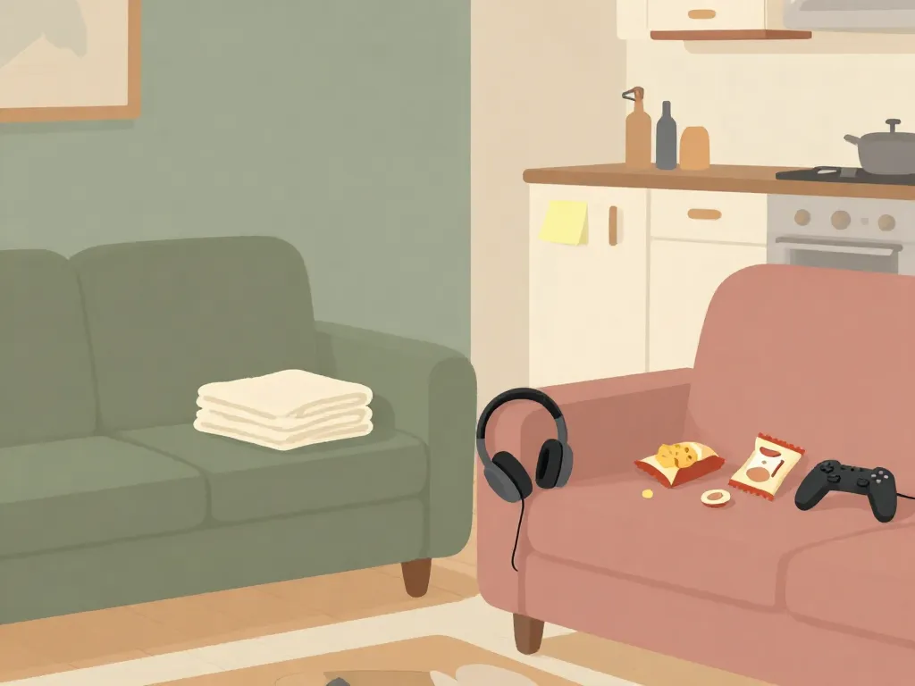 A shared living room showing contrasting roommate habits with one tidy side and one messy side