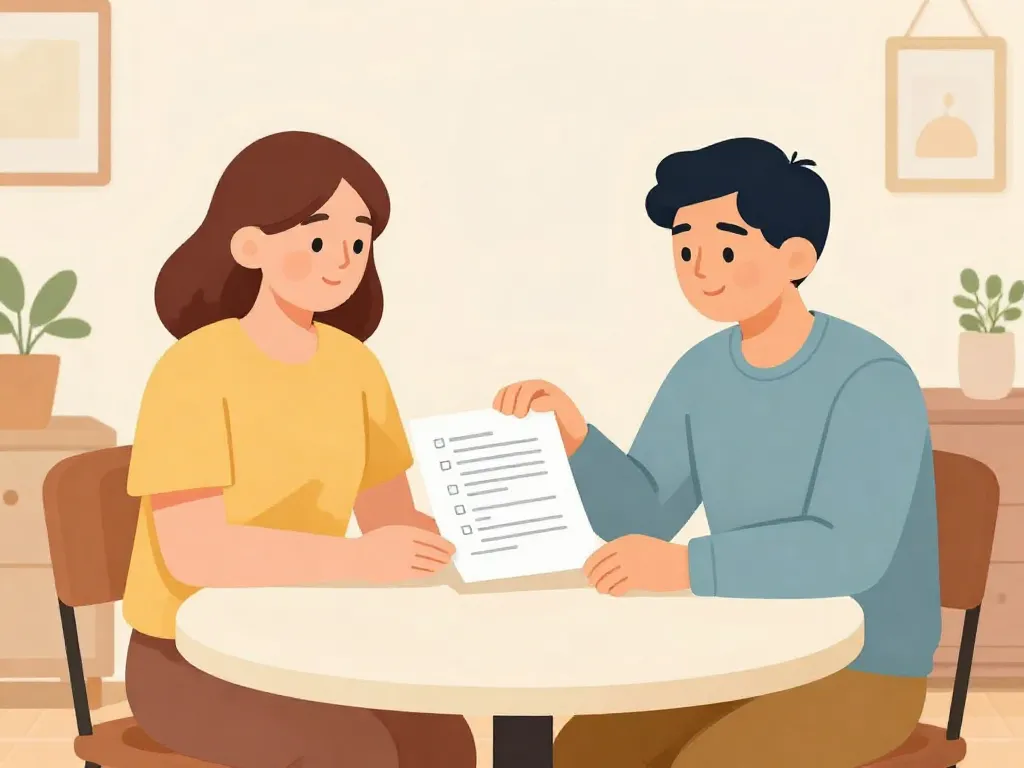 Two roommates calmly reviewing a written roommate agreement at a kitchen table, illustrating proactive conflict prevention