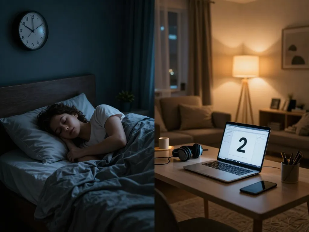 Split view of an apartment showing one roommate sleeping at night while the other works late, illustrating schedule conflicts between roommates