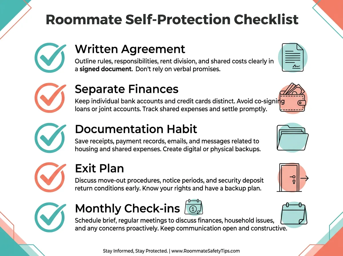 A roommate self-protection checklist infographic listing five key steps: written agreement, separate finances, documentation habit, exit plan, and monthly check-ins