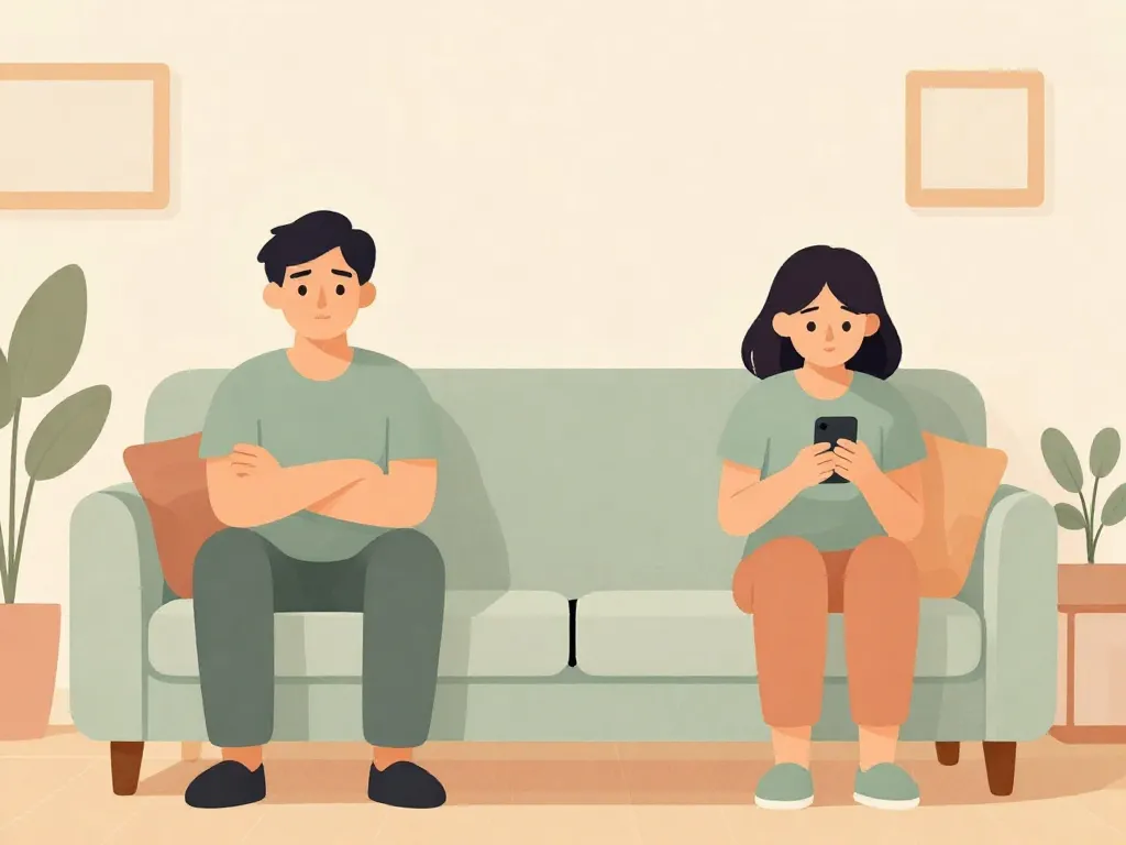Illustration of two roommates sitting on opposite ends of a couch looking uncomfortable, representing unspoken roommate tension
