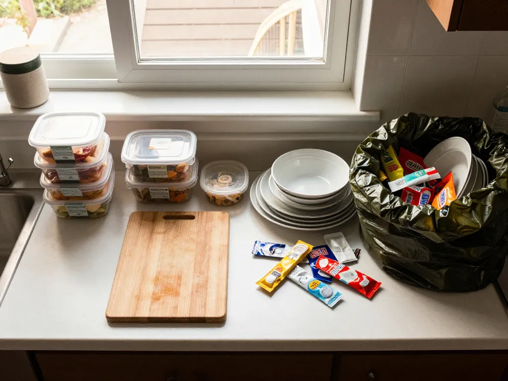 Overhead view of a shared kitchen counter showing one clean organized side and one messy side with unwashed dishes, illustrating cleanliness conflicts between roommates