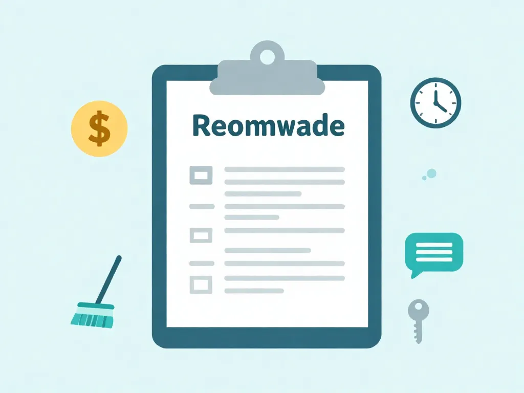 Illustration of a roommate agreement clipboard surrounded by icons representing finances, quiet hours, cleaning, guests, and communication