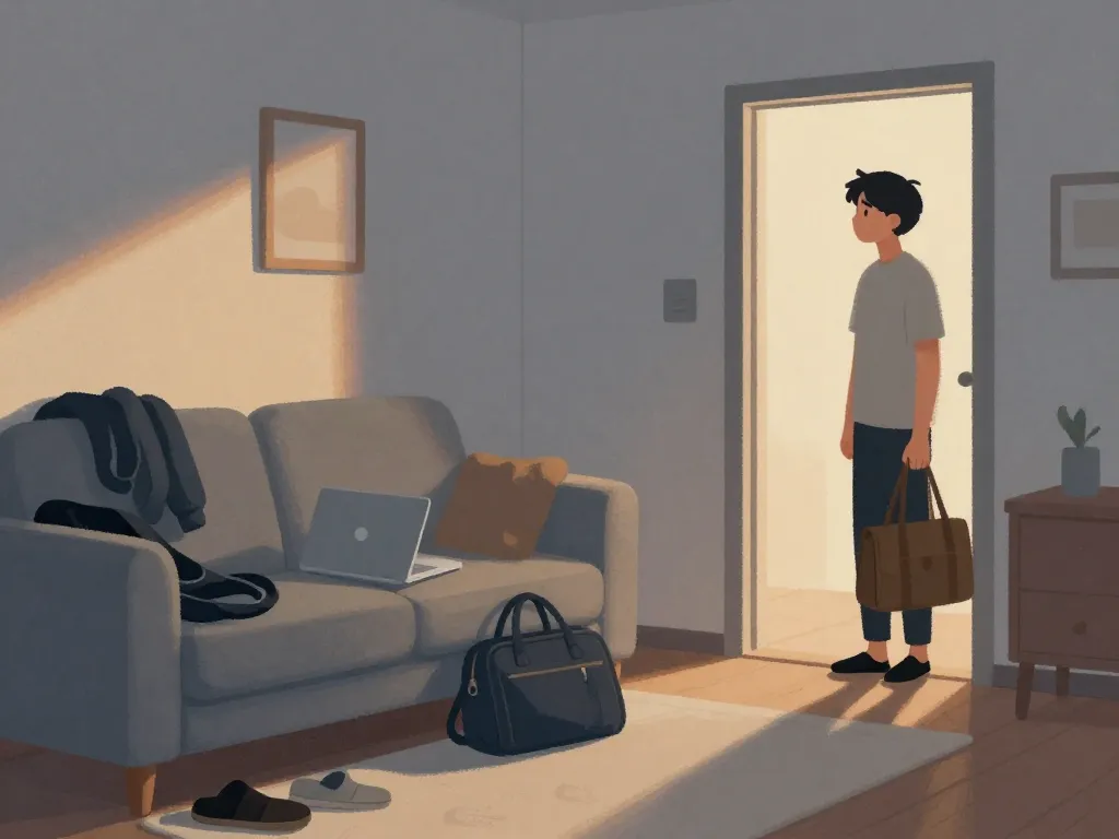 Illustration of a person standing in their apartment doorway looking at a living room cluttered with someone else's belongings