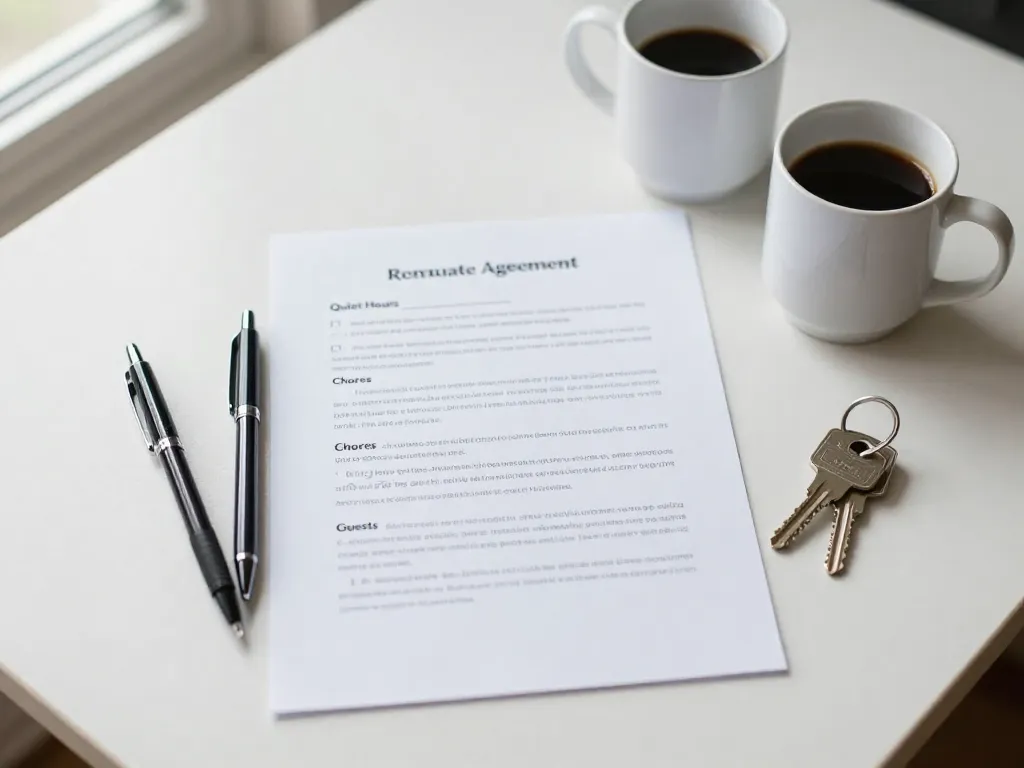 Overhead view of a simple roommate agreement document on a kitchen table with coffee mugs and apartment keys
