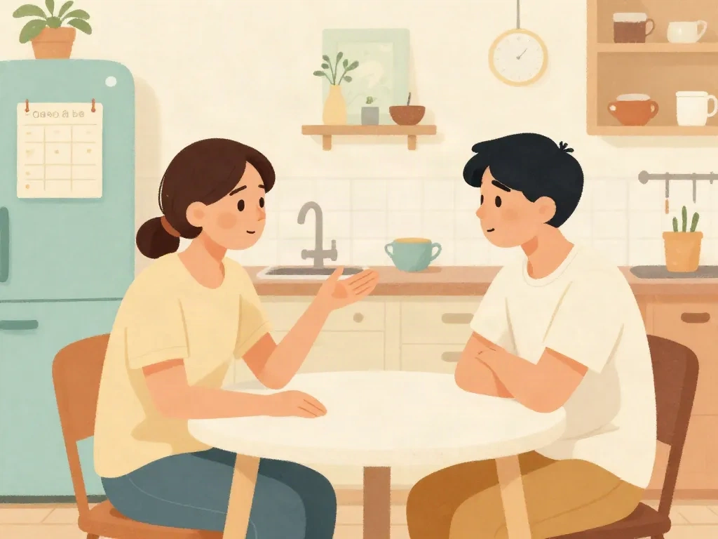 Illustration of two roommates having a direct but calm conversation at their kitchen table about shared living expectations