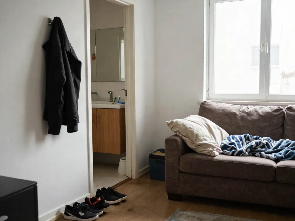 A shared apartment living room showing subtle signs of an uninvited guest who has gradually moved in, with extra belongings scattered around