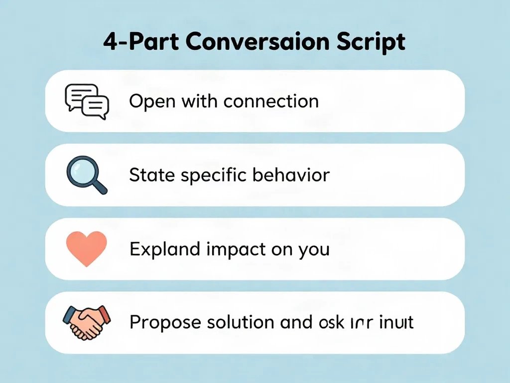 Visual guide showing the four-step conversation framework for addressing roommate conflicts: connect, state behavior, explain impact, propose solution