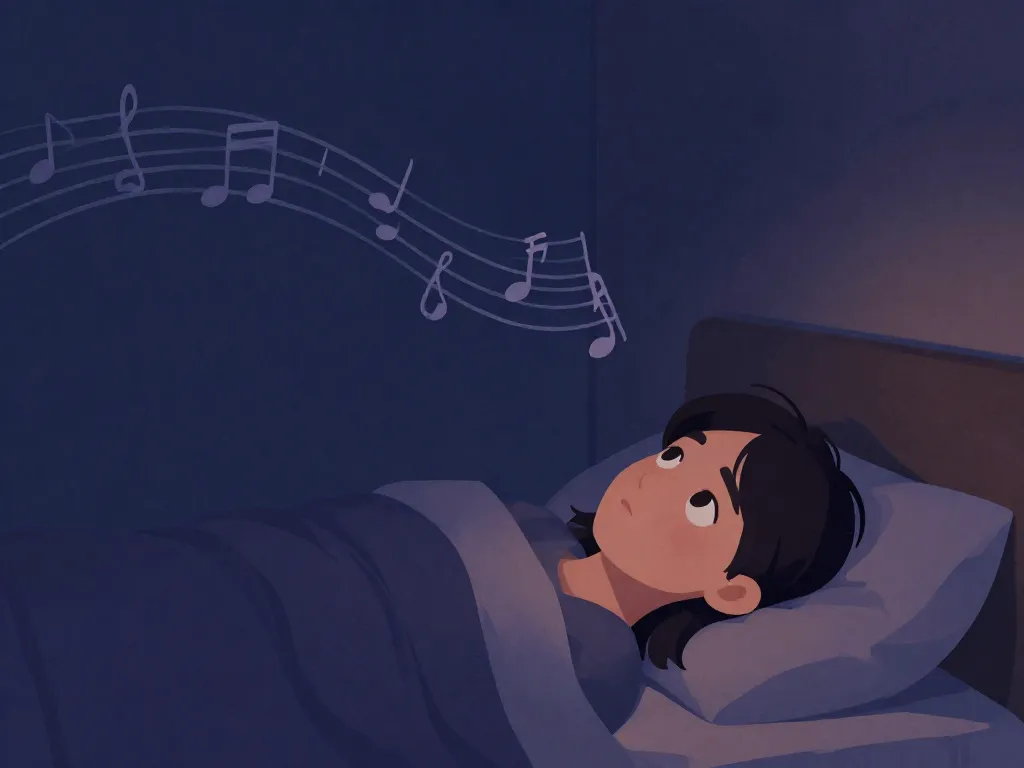 Illustration of a person lying awake in bed while stylized musical notes and sound waves drift through the bedroom wall