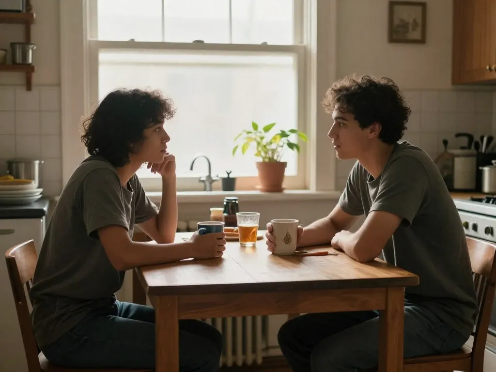 Two roommates sitting at a kitchen table having a calm, constructive daytime conversation about shared living expectations