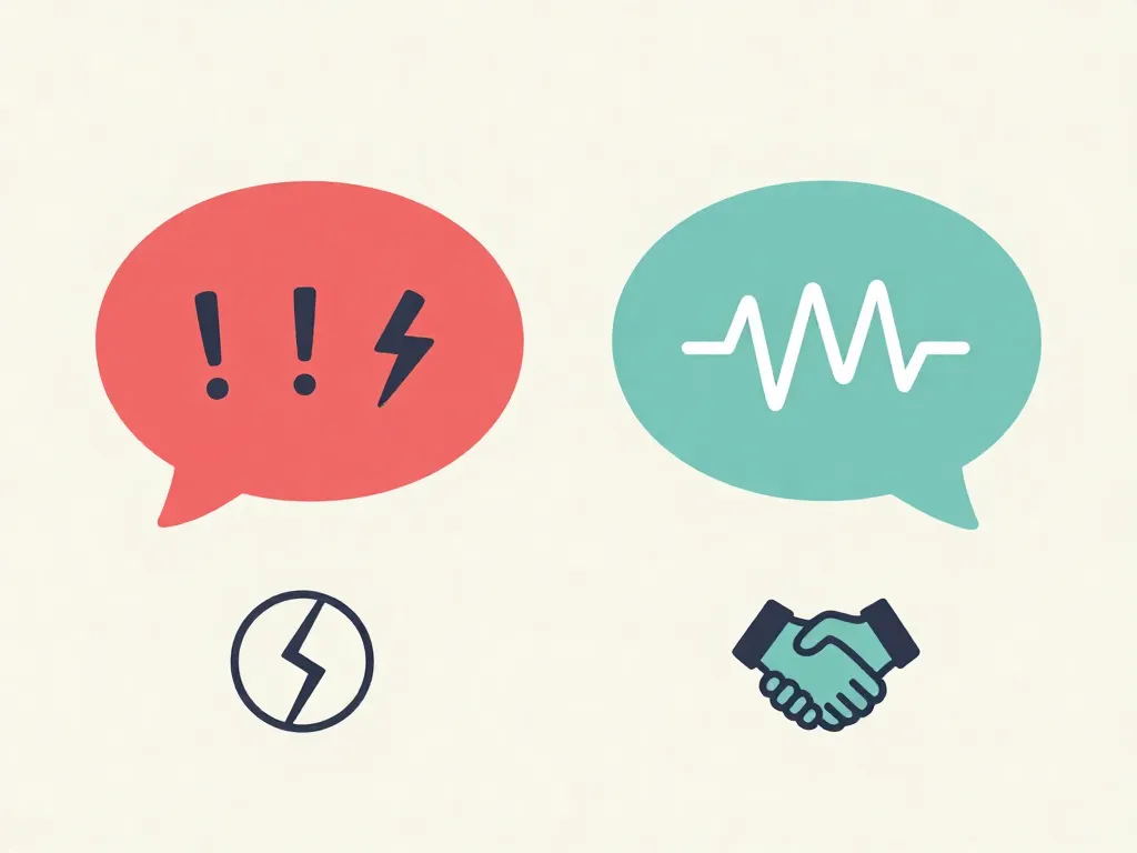 Illustration comparing two communication approaches: an aggressive red speech bubble versus a calm constructive blue-green speech bubble, showing that tone determines the outcome of roommate conversations