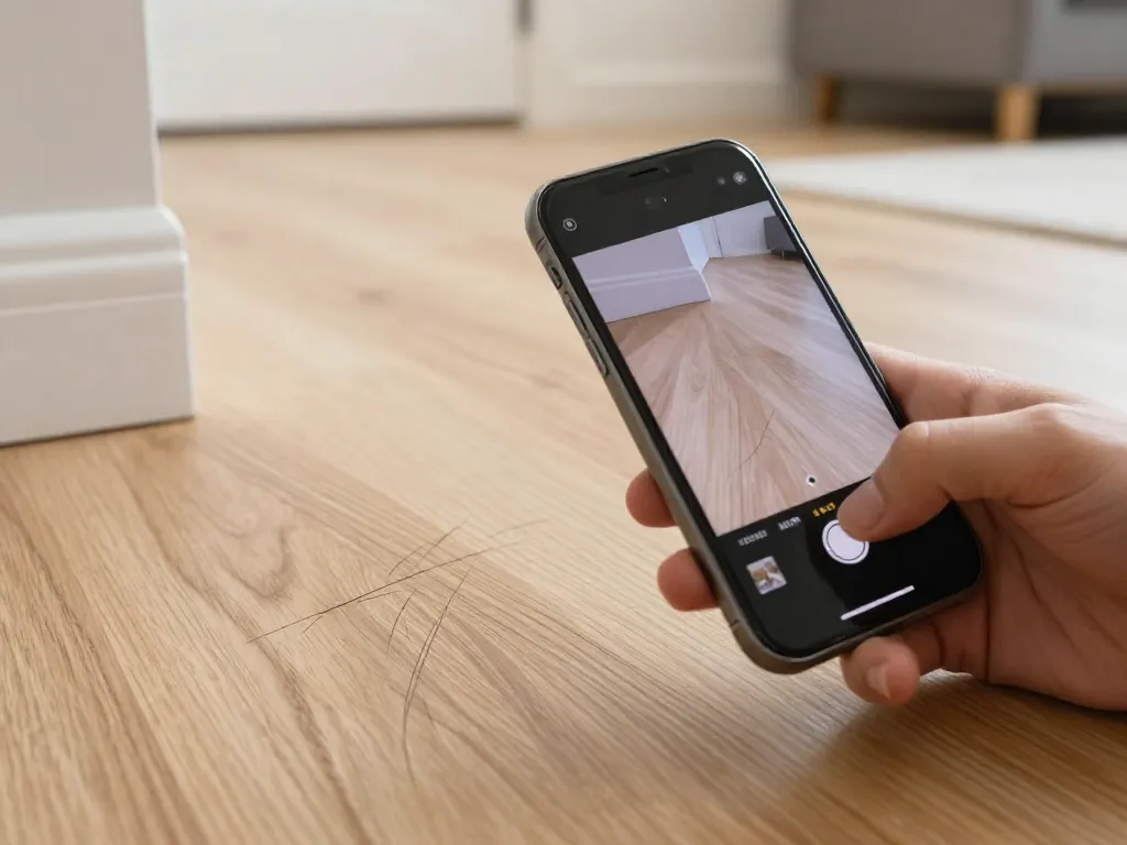 A person using their smartphone to photograph scratch marks on a hardwood apartment floor for documentation