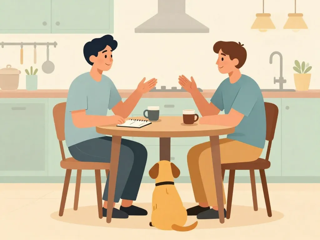 Illustration of two roommates having a calm discussion at a kitchen table with a dog sitting nearby