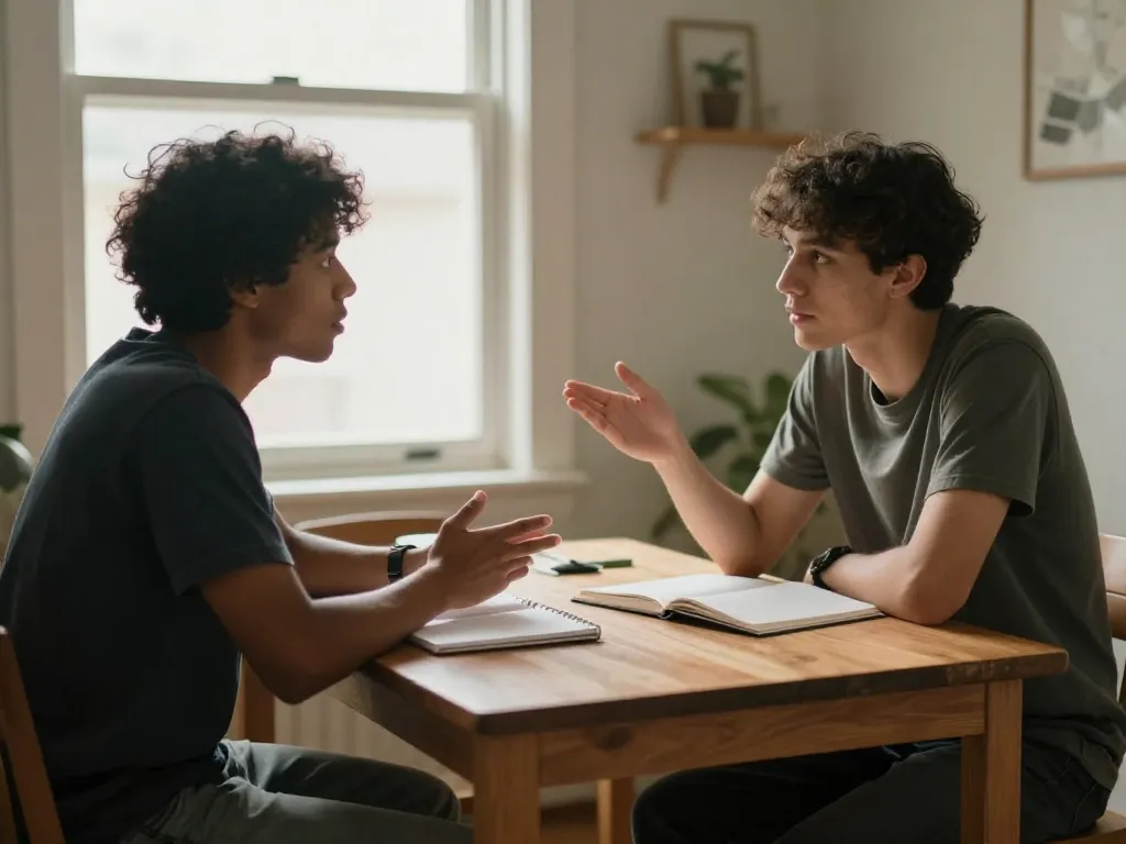 Two roommates having a calm, focused conversation about bills at their apartment dining table