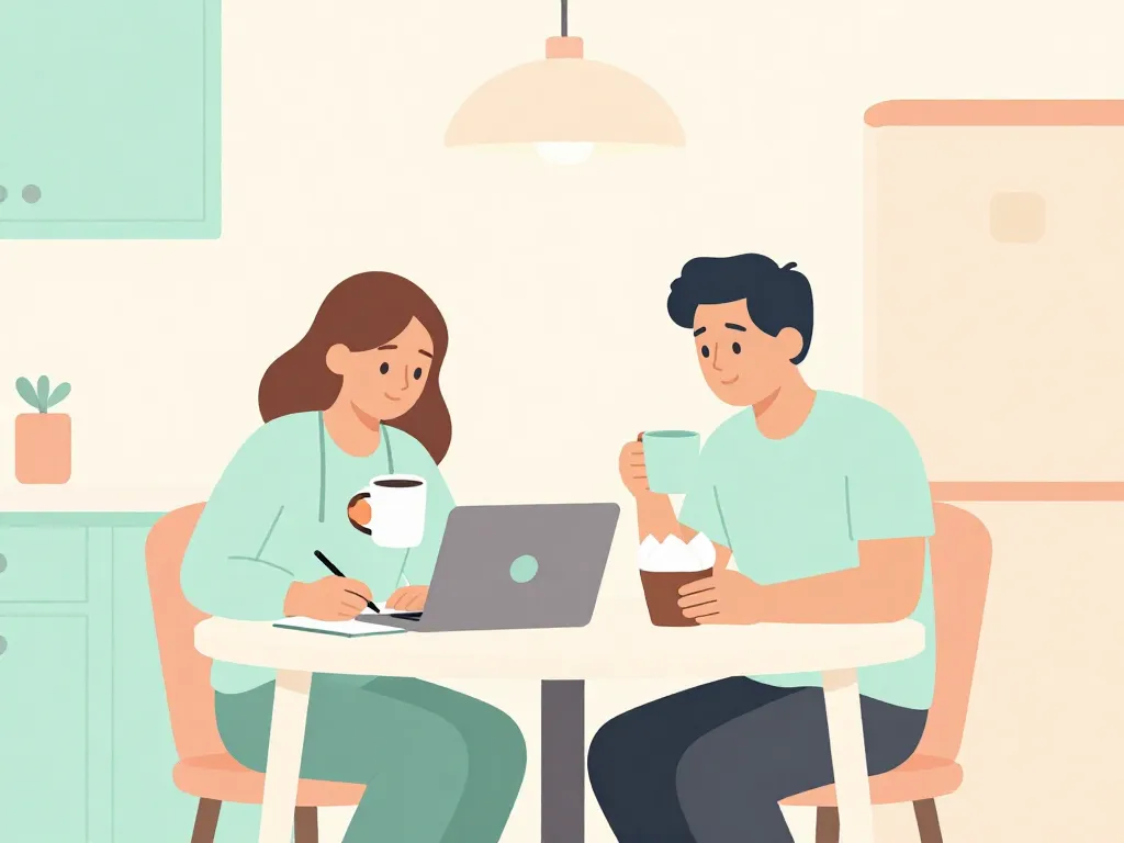 Illustration of two roommates sitting together at a kitchen table, collaboratively planning their schedules with a notebook between them