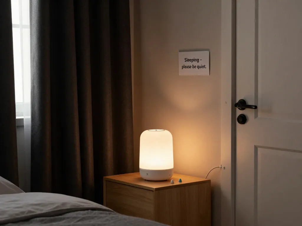 A bedroom set up for daytime sleeping with blackout curtains, a white noise machine, earplugs, and felt pads on the door for noise reduction