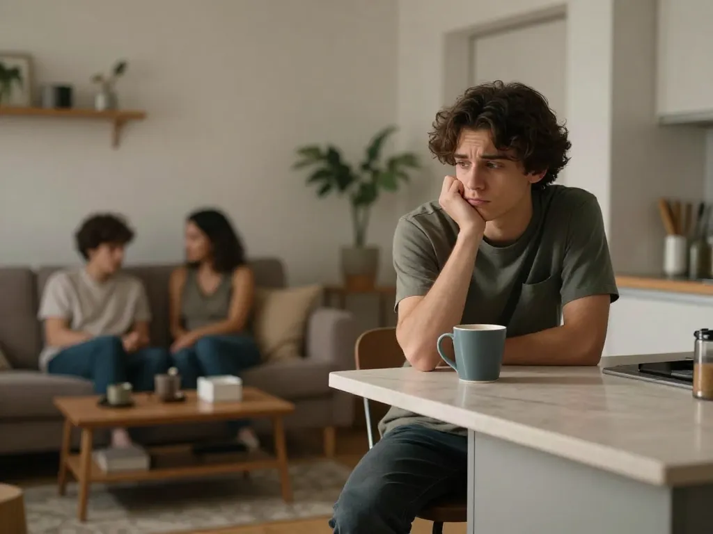 A person sitting alone in their kitchen looking uncomfortable while their roommate and partner occupy the living room