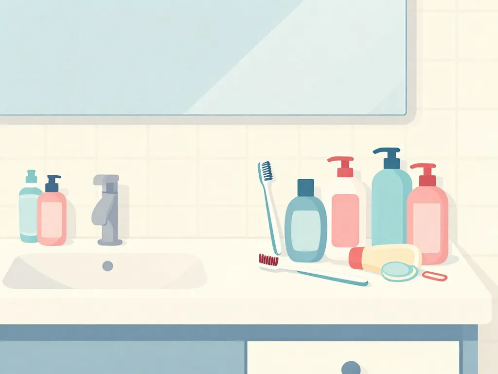 Illustration of a shared bathroom counter with one side neat and the other overflowing with two people's toiletries