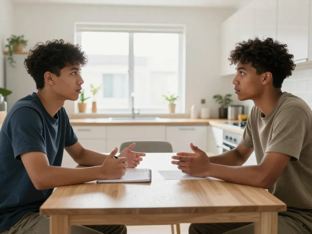 Two roommates sitting at a kitchen table having a constructive conversation about their living arrangement with notes between them
