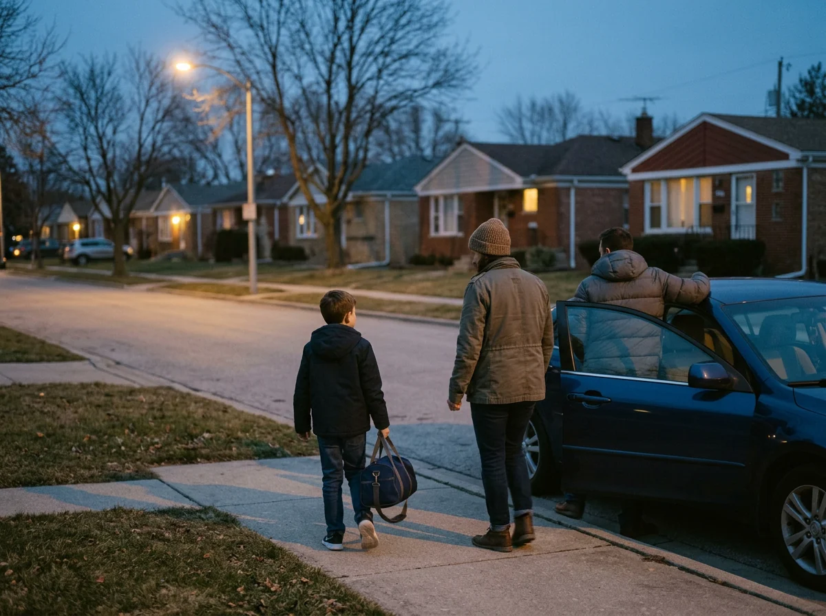 A child with a duffel bag walking between two parents during a weekend handoff at dusk