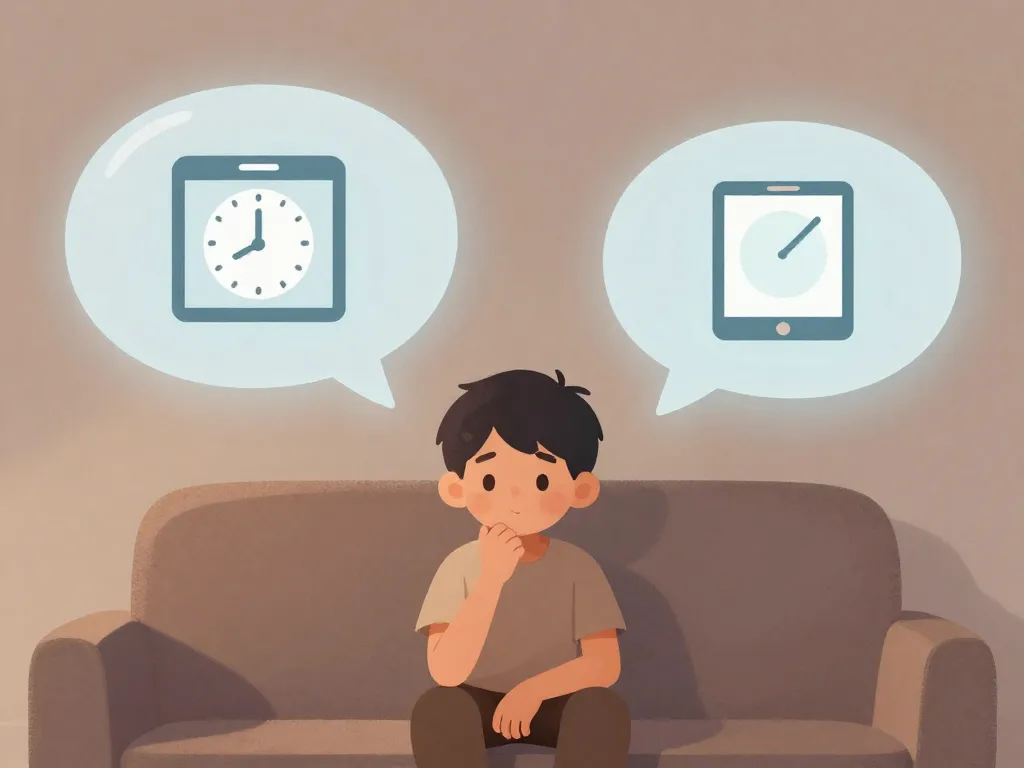 Illustration of a child between two different parenting approaches to screen time represented by contrasting speech bubbles